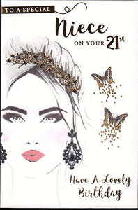 Niece 21st Birthday Card - 'to A Special Niece On Your 21st' .-Face & Butterflies Design. 20% Discount Card Included.