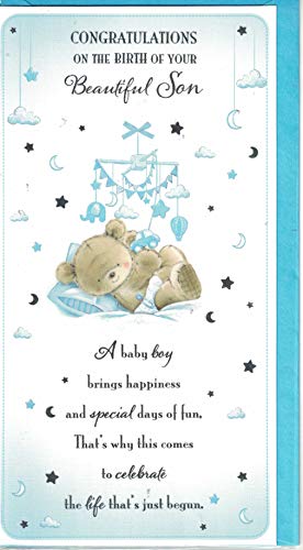 Prelude New Baby Boy Card ~ Congratulations On The Birth Of Your Beautiful Son ~ Slim Baby Mobile Card Size 23cm x 14cm