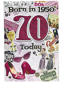 Female 70th Birthday Card (CO-YA219) - 1950 Year You Were Born Greeting Card for Her with Facts Inside - Age 70 - Attractive Foil Finish