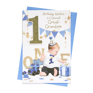 Prelude Great Grandson 1st Birthday Card ~ 1st Birthday Wishes to A Very Special Great-Grandson ~ Blue Presents & Bunting Medium Card Size 23cm x 16cm