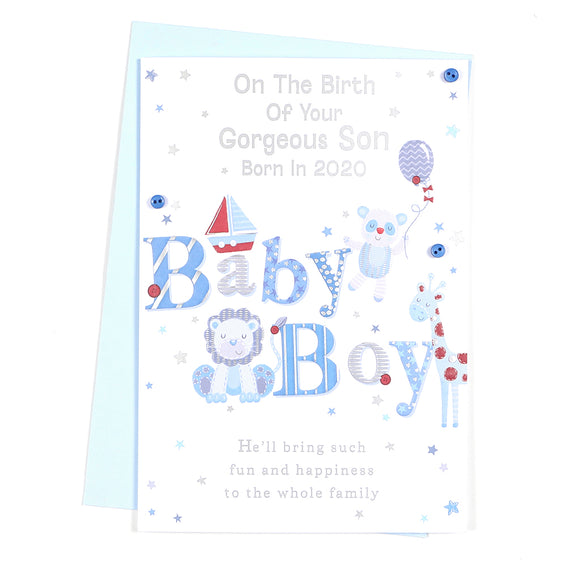 On The Birth of Your Gorgeous Son Born in 2020 New Baby Boy Card White/Blue/Red/Silver Words/Stars Buttons/Foil Detail