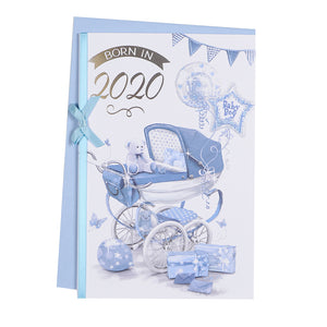 Born in 2020 New Baby Boy Son Birth Card White/Blue Teddy/Pram/Balloons/Presents Ribbon/Foil Detail