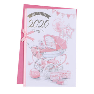 Born in 2020 New Baby Girl Daughter Birth Card White/Pink Teddy/Pram/Balloons/Presents Ribbon/Foil Detail