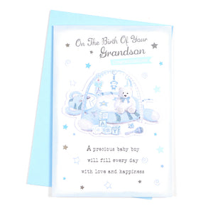 On The Birth of Your Grandson Congratulations New Baby Card to Grandparents White/Blue Teddy/Playgym/Words 3D/Glitter/Foil Detail