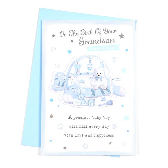 On The Birth of Your Grandson Congratulations New Baby Card to Grandparents White/Blue Teddy/Playgym/Words 3D/Glitter/Foil Detail