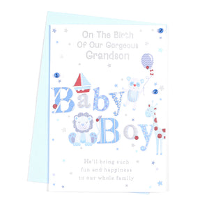 On The Birth of Our Gorgeous Grandson Baby Boy New Baby Card from Grandparents White/Blue/Red/Silver Words/Stars Buttons/Foil Detail