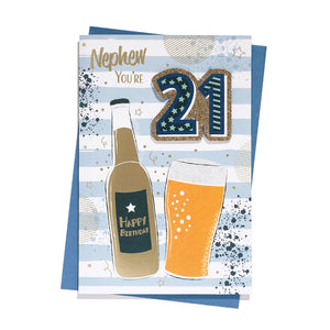 Nephew You're 21 Happy Birthday Card Age 21 21st Twenty-One White/Blue/Gold Beers/Stripes 3D/Glitter/Foil Detail