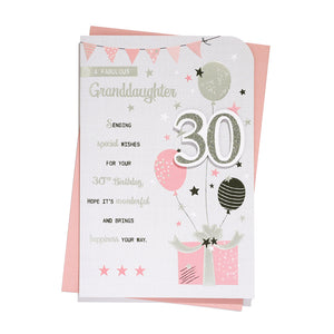 to A Fabulous Granddaughter 30 Birthday Card Age 30 30th Thirty Grey/Pink/Black/Silver Balloons/Words 3D/Glitter/Foil Detail