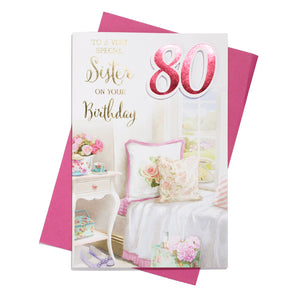 to A Very Special Sister On Your Birthday 80 Birthday Card 80th Eighty White/Pink/Silver Window Seat/Words 3D/Foil Detail