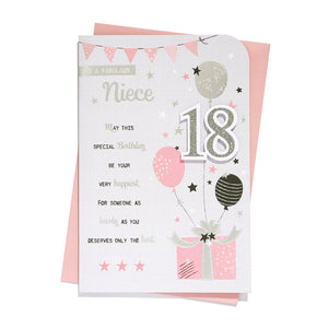 to A Fabulous Niece 18 Birthday Card Age 18 18th Eighteen Grey/Pink/Black/Silver Balloons/Words 3D/Glitter/Foil Detail