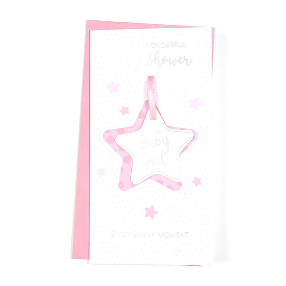 Have A Wonderful Baby Shower Baby Girl Enjoy Every Moment Baby Shower Card White/Pink/Silver Stars/Words Ribbon/Glitter/Foil Detail