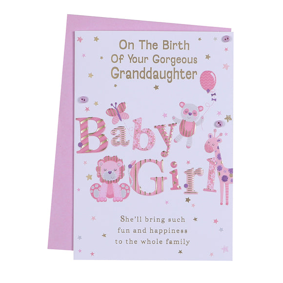 On The Birth of Your Gorgeous Granddaughter Baby Girl New Baby Card to Grandparents White/Pink/Purple/Gold Words/Stars Buttons/Foil Detail