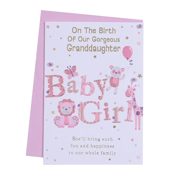 On The Birth of Our Gorgeous Granddaughter Baby Girl New Baby Card from Grandparents White/Pink/Purple/Gold Words/Stars Buttons/Foil Detail