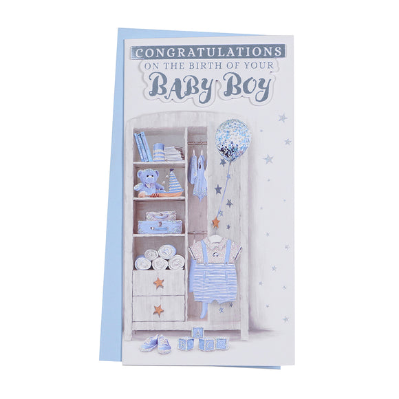 Prelude New Baby Boy Card ~ Congratulations On The Birth Of Your Baby Boy ~ Slim Toys & Balloon Card Size 23cm x 14cm