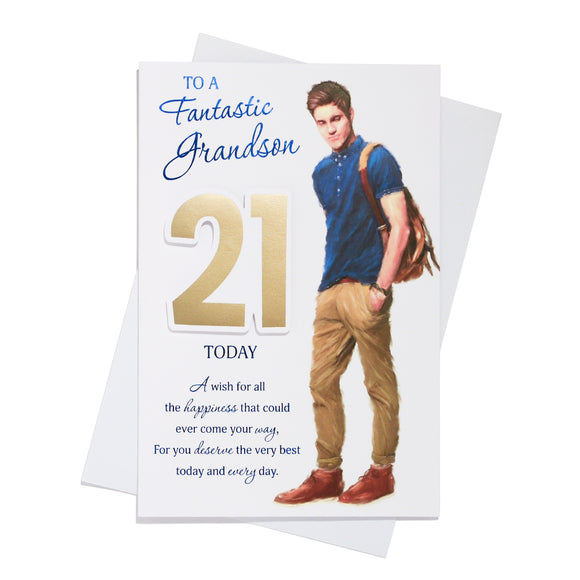 to A Fantastic Grandson 21 Today Birthday Card Age 21 21st Twenty-One White/Blue/Gold Casual Man/Words 3D/Foil Detail